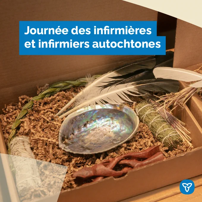 Des articles utilisés pour une cérémonie de purification. Texte de l’image : Journée des infirmières et infirmiers autochtones.