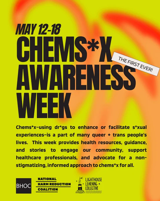 A promotional graphic with a lime green background and red-orange gradient reads, “May 12 to 18: The First Ever Chemsex Awareness Week: Chemsex–using drugs to enhance or facilitate sexual experiences–is a part of many queer and trans people’s lives. This week provides health resources, guidance, and stories to engage our community, support healthcare professionals, and advocate for a non-stigmatizing, informed approach to chemsex for all.” The logos for Building Healthy Online Communities, National Harm Reduction Coalition, and Lighthouse Learning Collective are on the bottom.

