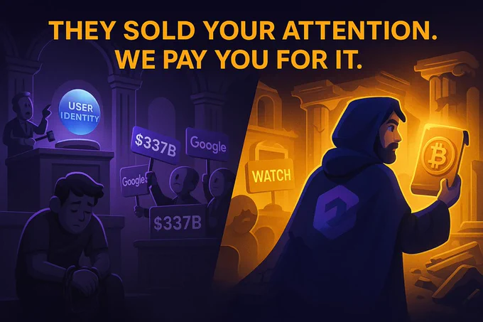 FameGuild ad image showing the contrast between centralized data auctions and decentralized Bitcoin rewards. Left panel shows Google and others buying user identity for $337B. Right panel highlights a Bitcoin-empowered user with FameGuild branding. Caption: “They sold your attention. We pay you for it.”

