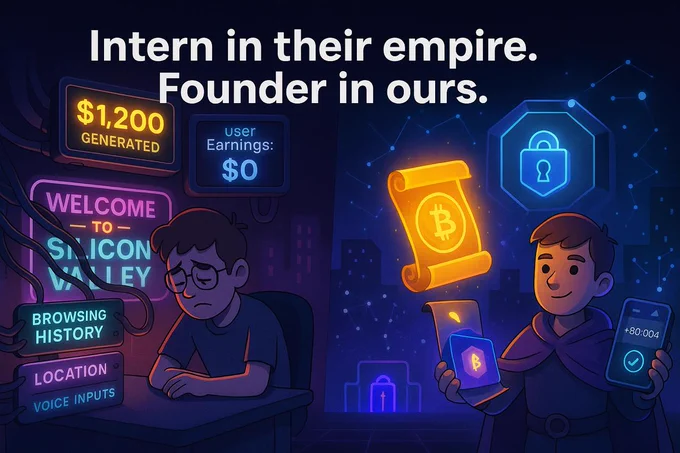 Side-by-side digital illustration comparing Web2 and FameGuild Web3 ecosystems. On the left, a sad user is plugged into Silicon Valley systems as screens show "$1,200 generated" and "user earnings: $0" from browsing history, location, and voice inputs. On the right, a smiling character holds a glowing Bitcoin scroll and secure FameGuild device, symbolizing data ownership, privacy, and earning through Bitcoin Layer 2. Caption reads: “Intern in their empire. Founder in ours.”