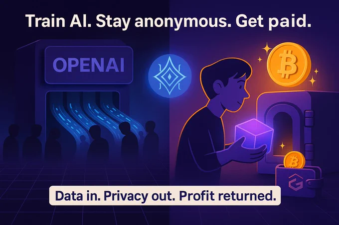 Side-by-side illustration showing the contrast between traditional AI training and decentralized data monetization. On the left, a dark funnel labeled "OpenAI" consumes anonymous users’ data without compensation. On the right, a user holds a glowing data cube, earning Bitcoin securely through FameGuild. Surrounding visuals show a vault, wallet, and privacy symbols. Headline reads: “Train AI. Stay anonymous. Get paid.” Subtext: “Data in. Privacy out. Profit returned.” Emphasizes ethical AI, privacy-preserving data monetization, and Bitcoin rewards through FameGuild’s DataNFT system.

