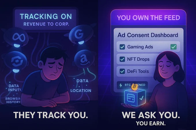 Split-screen illustration contrasting invasive data tracking with ethical data monetization. On the left, a sad user is connected to data-harvesting drones representing Meta, Google, Amazon, and other Web2 platforms, with text reading “Tracking ON – Revenue to Corp.” Data sources like location, browsing history, and input are siphoned away. On the right, a smiling user controls their data through a “Consent Dashboard” showing selected ad categories like Gaming, NFT Drops, and DeFi Tools. A Bitcoin symbol and FameGuild logo cube appear below with the text: “You Own the Feed. We Ask You. You Earn.” The visual promotes user-controlled advertising, privacy-focused data sharing, and earning Bitcoin through FameGuild’s ethical ad protocol.