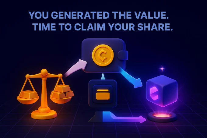Illustration representing ethical data monetization and user-owned digital wealth. On the left, a glowing gold scale balances gold bars, symbolizing value and fairness. In the center, a wallet with a coin icon connects via directional arrows to a glowing cube featuring the FameGuild logo on the right. The image conveys the concept of users reclaiming their share of the value they generate online. Above, bold text reads: “You Generated the Value. Time to Claim Your Share.” Visualizes the shift from corporate-controlled data profits to user-empowered blockchain earnings via FameGuild’s decentralized, Bitcoin Layer 2-powered protocol.
