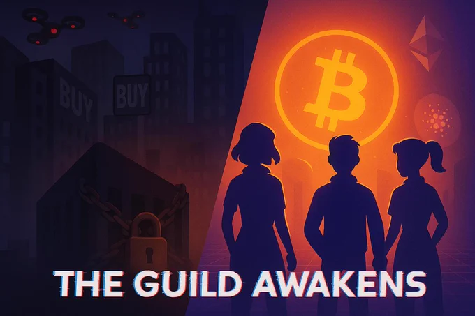 Digital illustration split into two worlds. On the left, a dystopian cityscape controlled by surveillance drones and “BUY” signs, symbolizing Web2 corporate control. On the right, a golden Bitcoin glows above three silhouetted figures standing defiantly, representing the rise of decentralized communities. Ethereum and Cardano symbols float beside them. Below, the phrase “THE GUILD AWAKENS” marks the birth of FameGuild’s resistance against big tech, Web3 exploitation, and surveillance capitalism. Optimized for keywords: “FameGuild,” “decentralized data ownership,” “Web3 rebellion,” “Bitcoin rewards,” “NFT storytelling,” “crypto empowerment.”