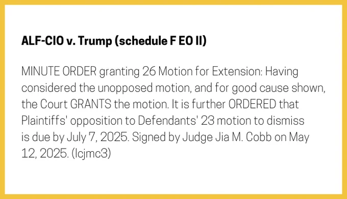 The entry's text: MINUTE ORDER granting 26 Motion for Extension: Having considered the unopposed motion, and for good cause shown, the Court GRANTS the motion. It is further ORDERED that Plaintiffs' opposition to Defendants' 23 motion to dismiss is due by July 7, 2025. Signed by Judge Jia M. Cobb on May 12, 2025. (lcjmc3)