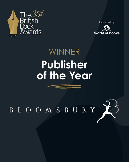 A dark blue background with the outline of the Nibbie. In the top left corner is The British Book Awards logo and in gold text reads: winner. In white text reads: Publisher of the Year, Bloomsbury Adult