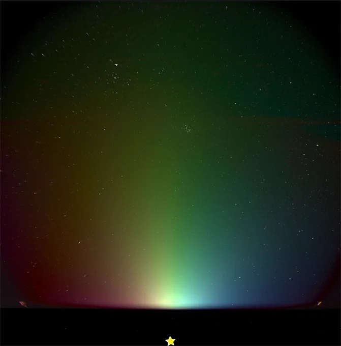 A night sky view with a faint glowing band of light in yellow, green, and blue hues rising from the horizon, resembling a colorful aurora, against a backdrop of stars. A small yellow star symbol appears at the bottom center.