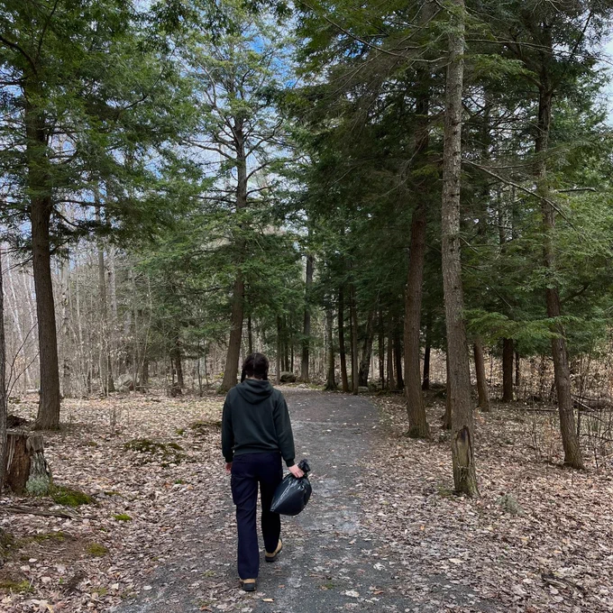 Person walking on a forest path surrounded by tall pine trees, carrying a garbage bag.