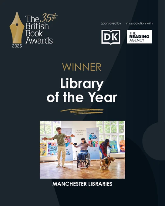 A dark blue background with the outline of the Nibbie. In the top left corner is The British Book Awards logo and in gold text reads: winner. In white text reads: Library of the Year, Manchester Libraries
