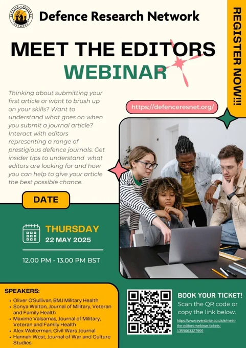 Poster advertising the DRN's upcoming event titled 'Meet the Editors webinar'. It is happen on Thursday 22nd May 2025 between 12:00 - 13:00 BST. Find out more and book your ticket using this link: https://www.eventbrite.co.uk/e/meet-the-editors-webinar-tickets-1359063327999?msockid=160041dc900865b13665541a91e86492 