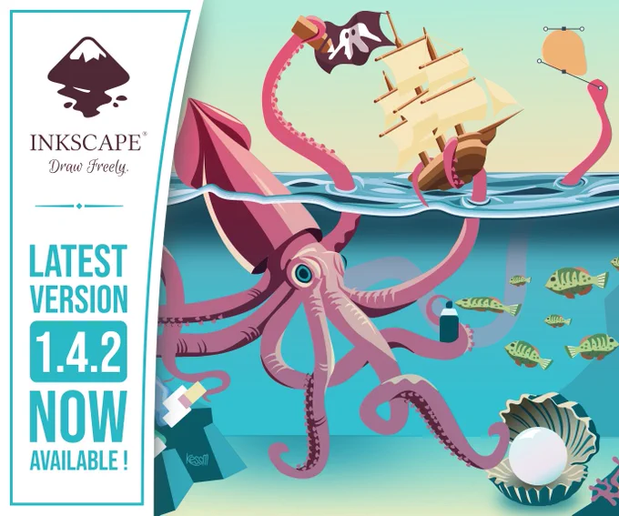 An octopus drawing a pirate ship, by Kess Marks. Text: Latest version 1.4.2 now available.