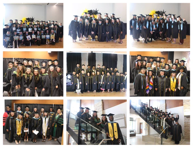 Collage of graduation photos showing groups of students in academic regalia, posing at various indoor locations during the ceremony. Each group includes a diverse array of graduates holding diplomas, some with decorated mortarboards.