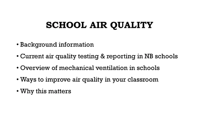 Screen capture of a contents page from a presentation titled "Crash Course on School Air Quality in New Brunswick" by Ryan Murphy