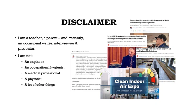 Screen capture of a slide from a presentation titled "Crash Course on School Air Quality in New Brunswick" by Ryan Murphy