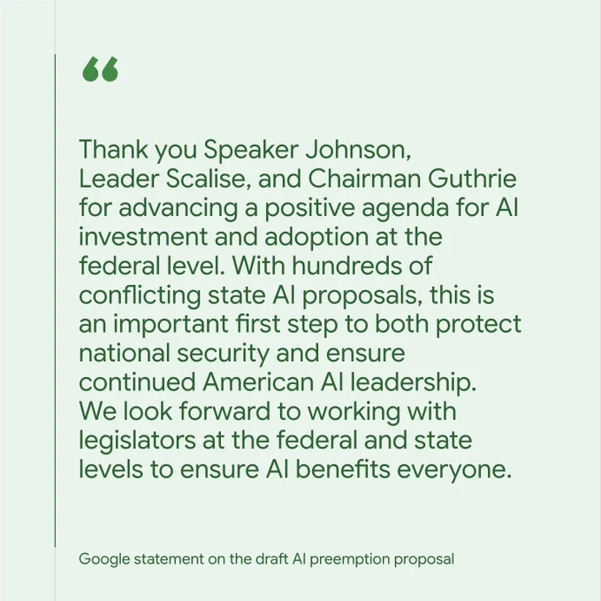 Google statement on the draft AI preemption proposal that reads as follows: "Thank you Speaker Johnson, Leader Scalise, and Chairman Guthrie for advancing a positive agenda for AI investment and adoption at the federal level. With hundreds of conflicting state AI proposals, this is an important first step to both protect national security and ensure continued American AI leadership. We look forward to working with legislators at the federal and state levels to ensure AI benefits everyone."  
