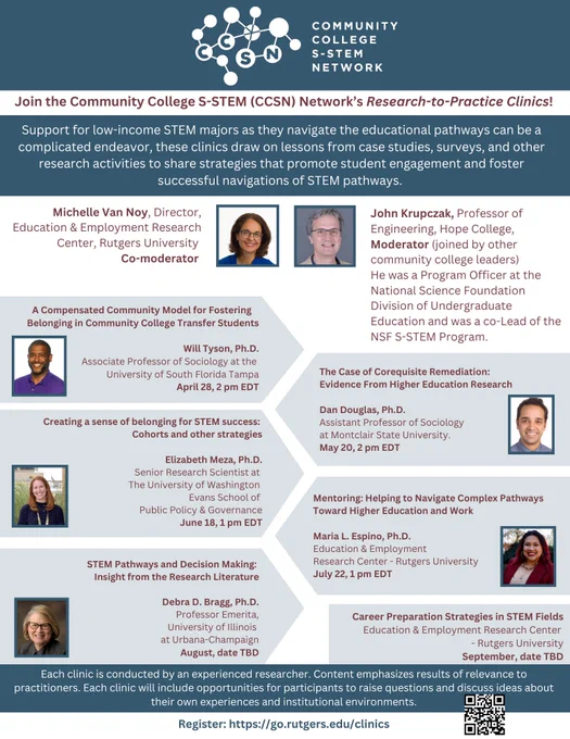 Flyer for the "CCSN Network Research to Practice Clinics Series." Includes a QR code and link address to register as well as information about each session running April through September 2025. Detailed information is available on the event page linked in the post.