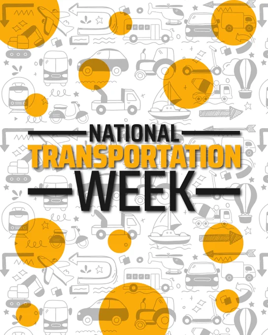 A graphic featuring a patterned background made up of different modes of transportation. Text reads "National Transportation Week."