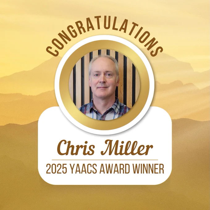 Photo of Chris Miller on a gold background with text that reads, "Congratulations Chris Miller, 2025 YAACS Award winner"
