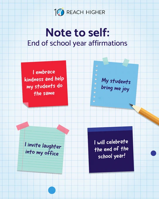 “Note to self: End of school year affirmations” appears in bold navy text over a grid background. There are four illustrated multicolored sticky notes under this text that read: “I embrace kindness and help my students do the same”, “my students bring me joy”, :I invite laughter into my office”, and “I will celebrate the end of the school year!”. There is an illustrated pencil peeking out from the lower right corner. 