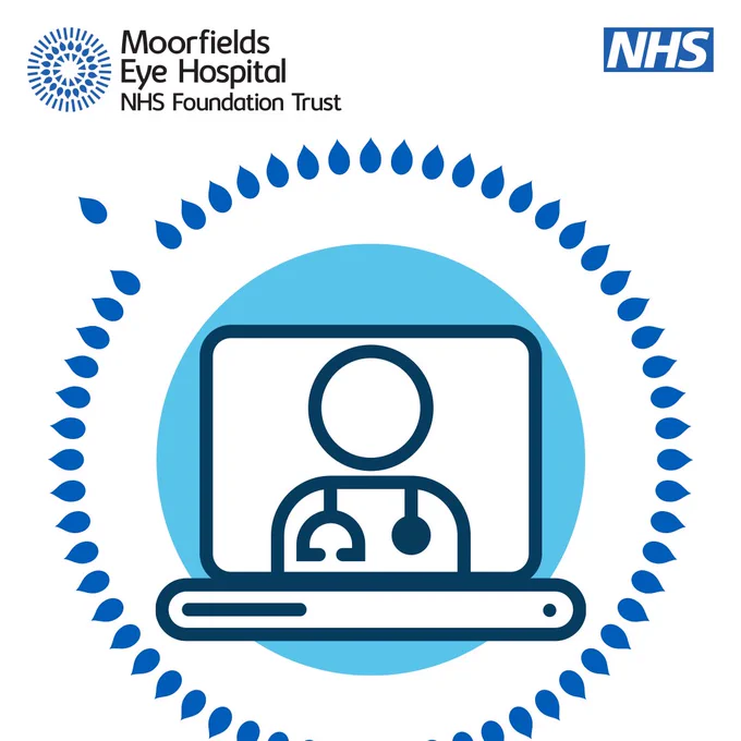 Blue and white graphic illustration depicting a doctor on an online video call. The graphic also features the Moorfields Eye Hospital and NHS logos. 