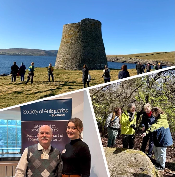 Top: Participants of the SIRFA Symposium in Shetland at the Broch of Mousa; Bottom left: ScARF bursary recipients at the 2025 SSASC in Edinburgh; Bottom right: Rock Art Workshop participants at the Auchnacraig stones in Faifley © ScARF