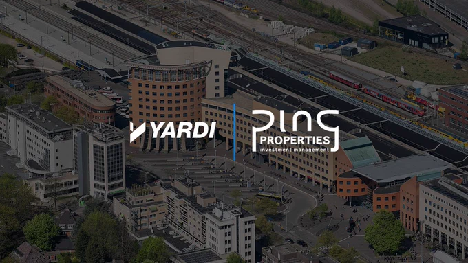 A backdrop of PingProperties commercial buildings, with an overlay of "YARDI" and "PingProperties" logo.