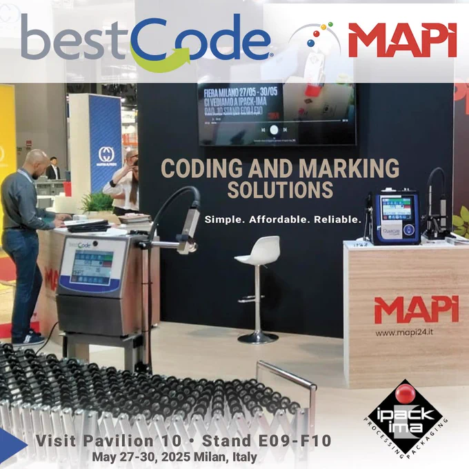 🇮🇹 Day One at IPACK-IMA in Milan! 🇮🇹
We’re live at IPACK-IMA and off to a splendid start! Visit the BestCode MAPI team and talk to our coding and marking experts about replacing your aging date coders with simple, affordable and reliable solutions designed for today’s production demands.

Whether you're struggling with downtime, maintenance costs, or inadequate print quality—we’ve got answers.

📍 Pavilion 10, Stand E09-F10 
📅 May 27–30 | Milan, Italy

Join the conversation. Let’s talk about how BestCode can help you improve uptime, reduce costs, and print with confidence.
