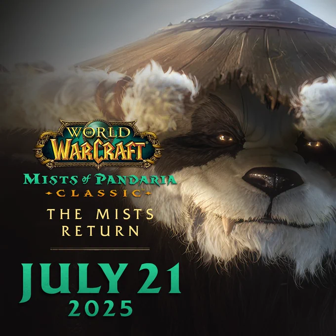 A still from the Mists of Pandaria cinematic, featuring a close-up of Chen Stormstout smiling from beneath his iconic conical hat with one fang poking out from his furry grin. The Mists of Pandaria Classic logo appears to the left, with text below that reads “The Mists Return July 21 2025”.