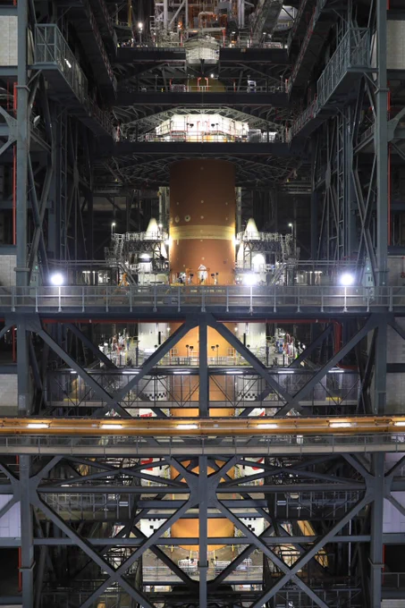 Teams with NASA’s Exploration Ground Systems Program finish integrating the interim cryogenic propulsion stage to the SLS (Space Launch System) launch vehicle stage adapter on Thursday, May 1, 2025, inside the Vehicle Assembly Building at NASA’s Kennedy Space Center in Florida.