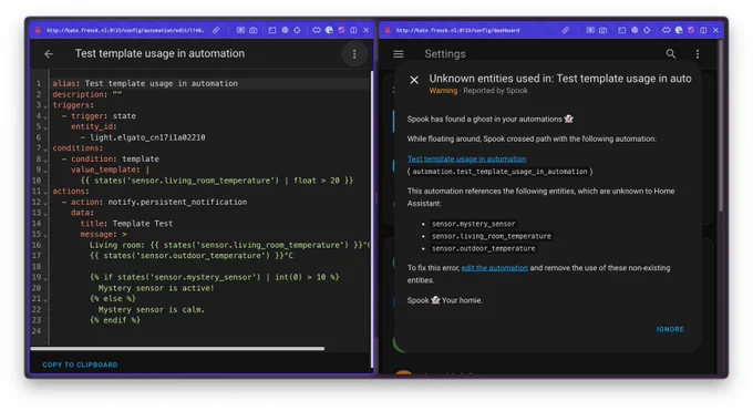 Screenshot of a Home Assistant automation editor and a Spook repair warning. The automation uses templated entity references, and Spook flags them as unknown entities with a playful message: “Spook has found a ghost in your automations 👻"