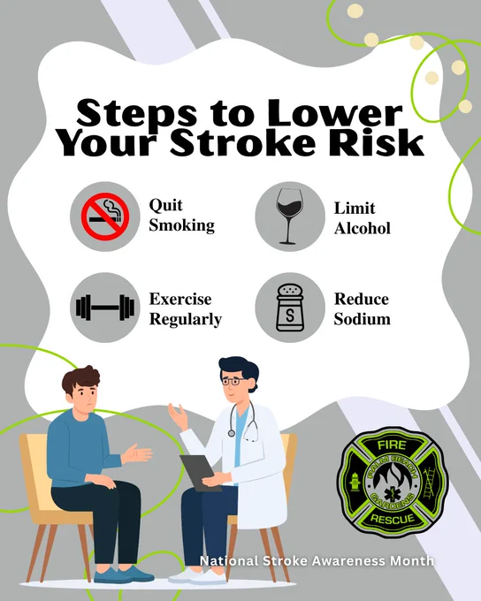 Steps to lower your stroke risk: quit smoking, limit alcohol, exercise regularly, reduce sodium.