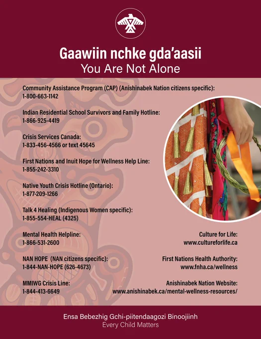 You Are Not Alone - Gaawiin Nchke Gda'aasii 

Help us help others by sharing this list of helpful resources for anyone struggling or in crisis.

#MentalHealth #MentalHealthMatters