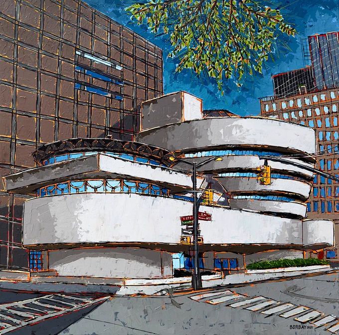 Cartoon Cake Guggenheim, painted by Borbay, live, on Fifth Avenue.