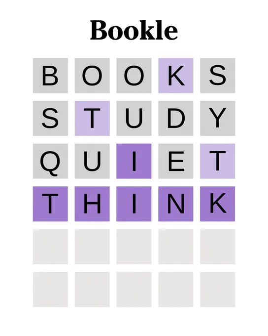 Word puzzle grid from Bookle with five partially completed words: BOOKS, STUDY, QUIET, and THINK are fully spelled out with highlighted letters. Empty blocks remain at the bottom to fill in.
