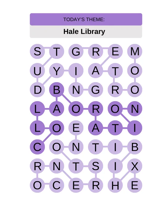 Image of a word grid puzzle from Hale Library with a "Today's Theme" label at the top.
