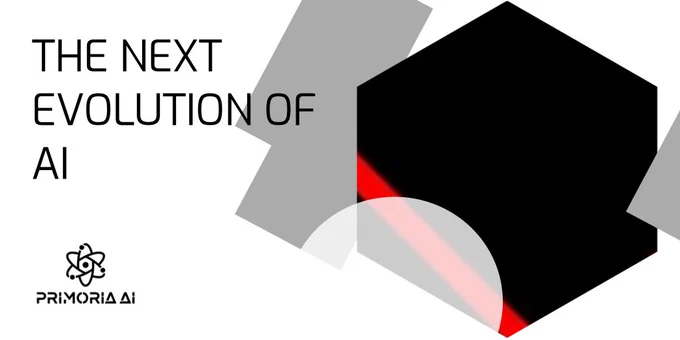 A bold, futuristic design featuring geometric overlays and a black hexagon sliced by a glowing red light beam. The phrase “The Next Evolution of AI” appears in modern typography, with the Primoria AI logo below. The visual represents adaptive, emotionally intelligent artificial intelligence.