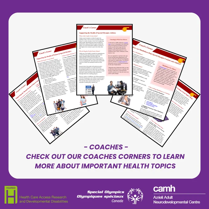 A purple and white poster showcasing coach snapshots. The poster reads "Coaches - check out our coaches corners to learn more about important health topics". 