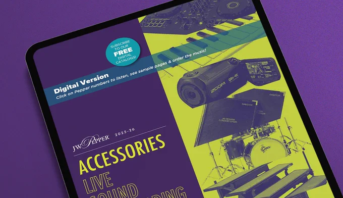 Digital version of JW Pepper Accessories, Live Sound & Recording catalog displayed on a device against a purple background