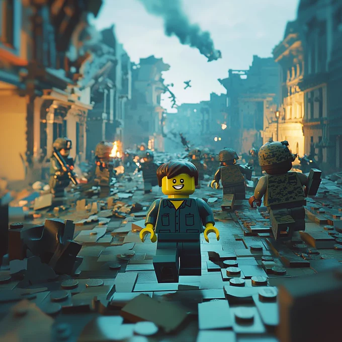 A chaotic urban war zone rendered in a LEGO-like style. Buildings are crumbling, smoke rises in the background, and toy soldiers run in panic. At the center, a smiling LEGO-style civilian figure walks calmly toward the viewer, oblivious to the destruction around him. The contrast emphasizes detachment, programmed behavior, and narrative irony.