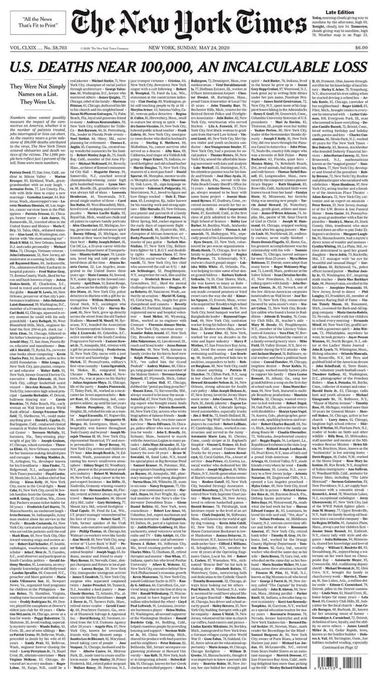 NEW YORK TIMES (2020): U.S. DEATHS NEAR 100,000, AN INCALCULABLE LOSS