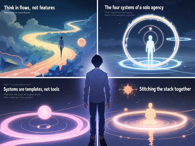 A infographic split into 4 visually distinct but connected quadrants—each representing one concept from the article.
Part 1: Stop Thinking in Features. Think in Flows.
Part 2: The Four Systems of a Solo Agency
Part 3: Systems Are Templates, Not Tools
Part 4: Stitching the Stack Together