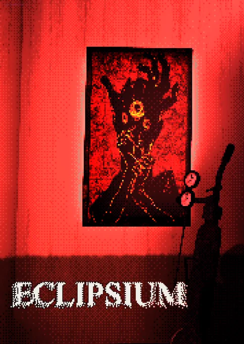 A screenshot from the Endix Expo. It features a pixelized room bathed in red. The focus is on a painting of a distorted figure with three eyes set against a red background. The painting stands next to an oxygen tank.
The display is for the video game Eclipsium.

Its steam page can be found here: https://store.steampowered.com/app/2419670/Eclipsium/
