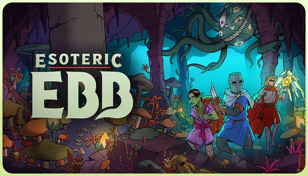 A promo image for Esoteric Ebb, a game showcased at the Endix Expo. The image features a knight holding a broken sword, a goblin carrying a large pack, and an armored person holding some kind of glowing light. They stand in a forest made of vines and mushrooms, unknowingly stalked by a creature with many eyes and razor teeth.

Its steam page can be found here: https://store.steampowered.com/app/2057760/Esoteric_Ebb/
