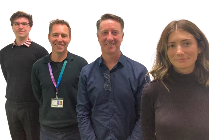 L-R: Judges professors Ben Marsland and Nigel Jones are flanked by our 3MT winners, Bailey Cardwell and Eliza Moore. 