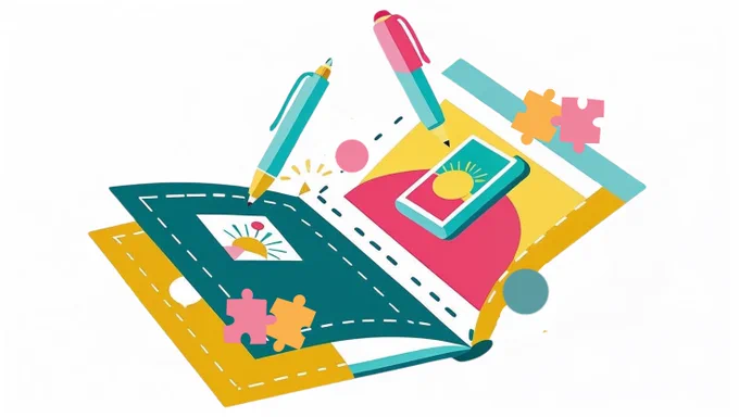 A booklet with icons jumping off the pages including: pens, dots and jigsaw pieces.