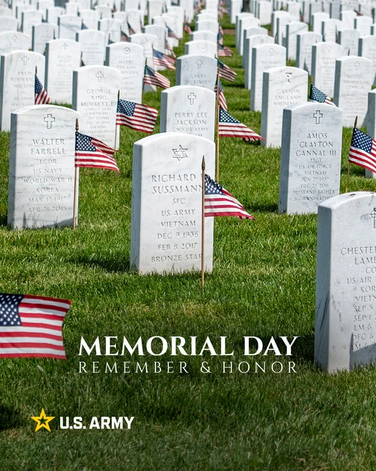 Memorial Day Graphic depicting white tombstones with small American flags in front of them at Arlington National Cemetery.