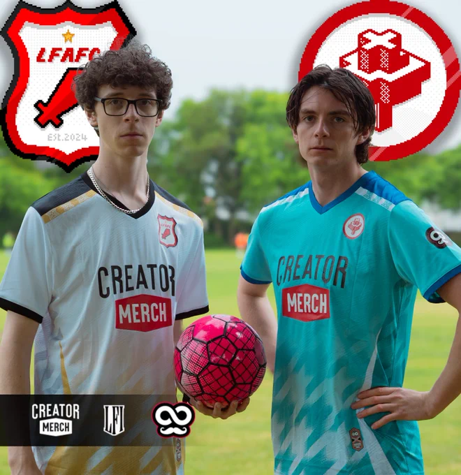 Lewis Fulham and Badlinu in football kits stood side by side in a park holding a bright pink football. 
Fulham is wearing a white kit with gold and black accents - with the badge of "Lewis Fulham Athletic and Football Club", LFAFC, boasting a red sword and gold star, signifying the win from the previous match. 
Badlinu wears a blue kit with white accents - with the badge of "Badlinu FC", which has a pixel art red tree, as a reference to his favourite team, NFFC. 
Both shirts have the Creator Merch sponsor centrally, and UnlimitedIRL sponsor on the sleeve, both of whom are sponsoring the match. The bottom of the image has logos for Creator Merch, Lewis Fulham Invitational, and UnlimitedIRL.