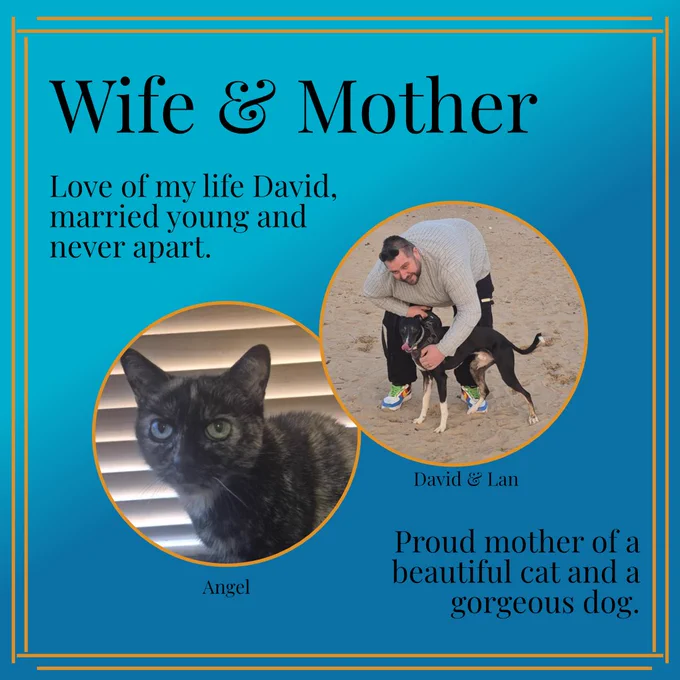 Wife & Mother showing images of husband David, Cat Angel and Dog Lan.