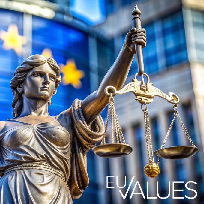 Statue of Lady Justice holding scales in front of the European Union flag, symbolizing human rights, democracy, and rule of law in the EU.
