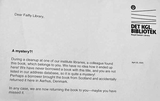 Image of a letter from the Royal Danish library to Faifley library about the return of the book Literature or Life.